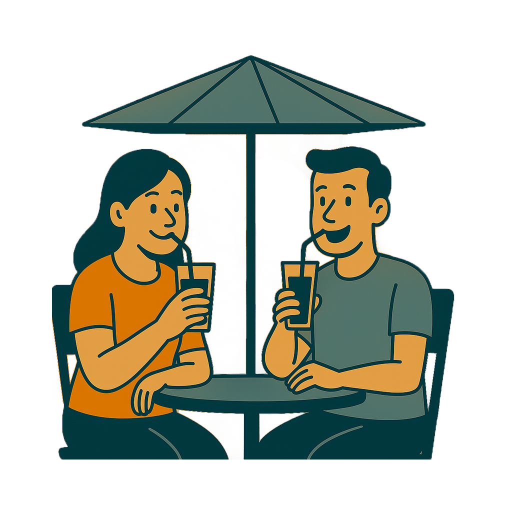 Drawing of tourists having a soft drink on a terrace