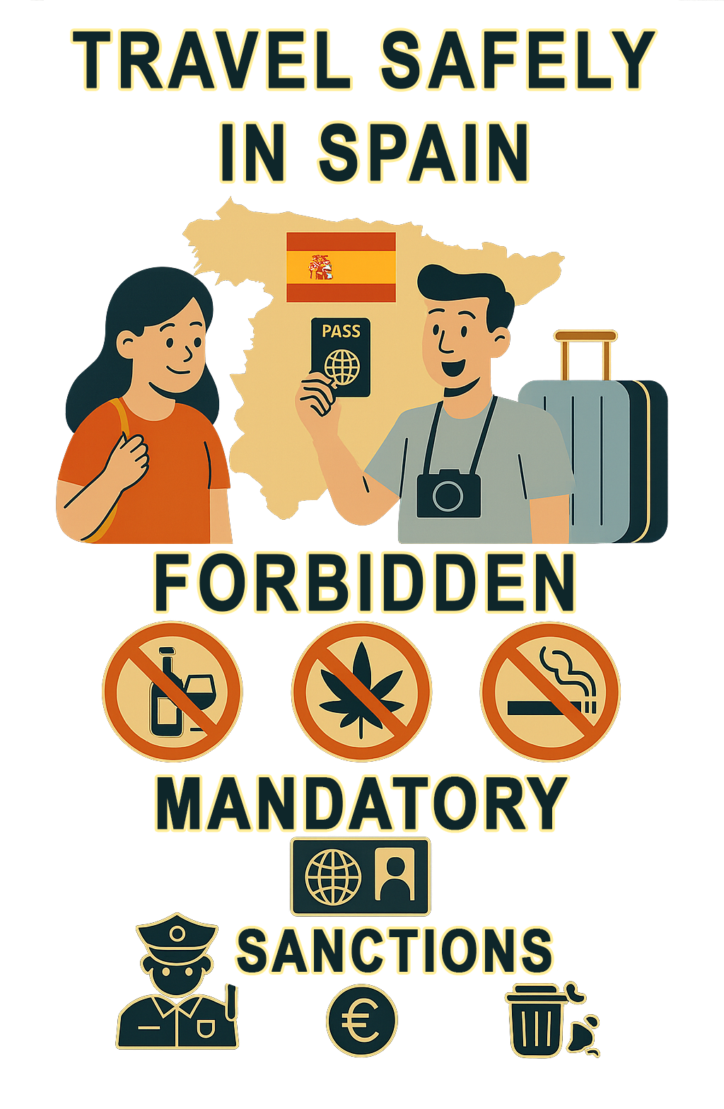 Drawing of tourists in Spain with recommendations indicated in the text