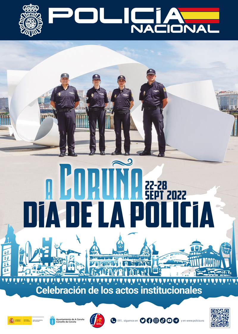 Cartel con cuatro policías, hombres y mujeres, delante del monumento a los héroes de Orzán, anunciando el día de la Policía en A Coruña