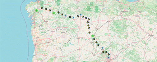 mapa coas paradas e punto de atención de Policía Nacional do Camiño de Madrid.