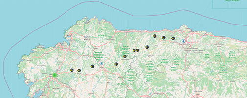 mapa coas paradas e punto de atención de Policía Nacional do Camiño Primitivo.