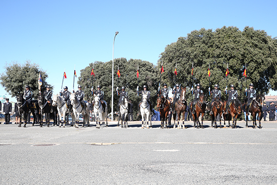 Formación de la Unidad de Caballería con 13 policías montados a  caballo portando banderines de España.