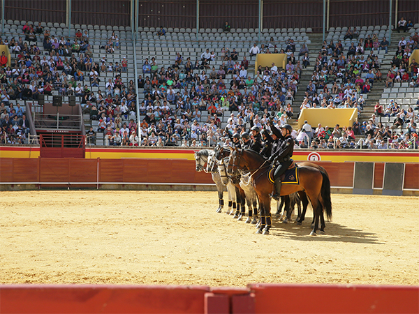 Imagen en el ruedo de la plaza de toros  de varios policías nacionales montados sobre sus caballos en formación saludando al público asistente.