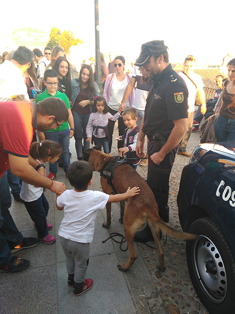 Un perro de la policía nacional de color marrón junto con su guía uniformado. Están rodeados de niños que acarician y observan al can.