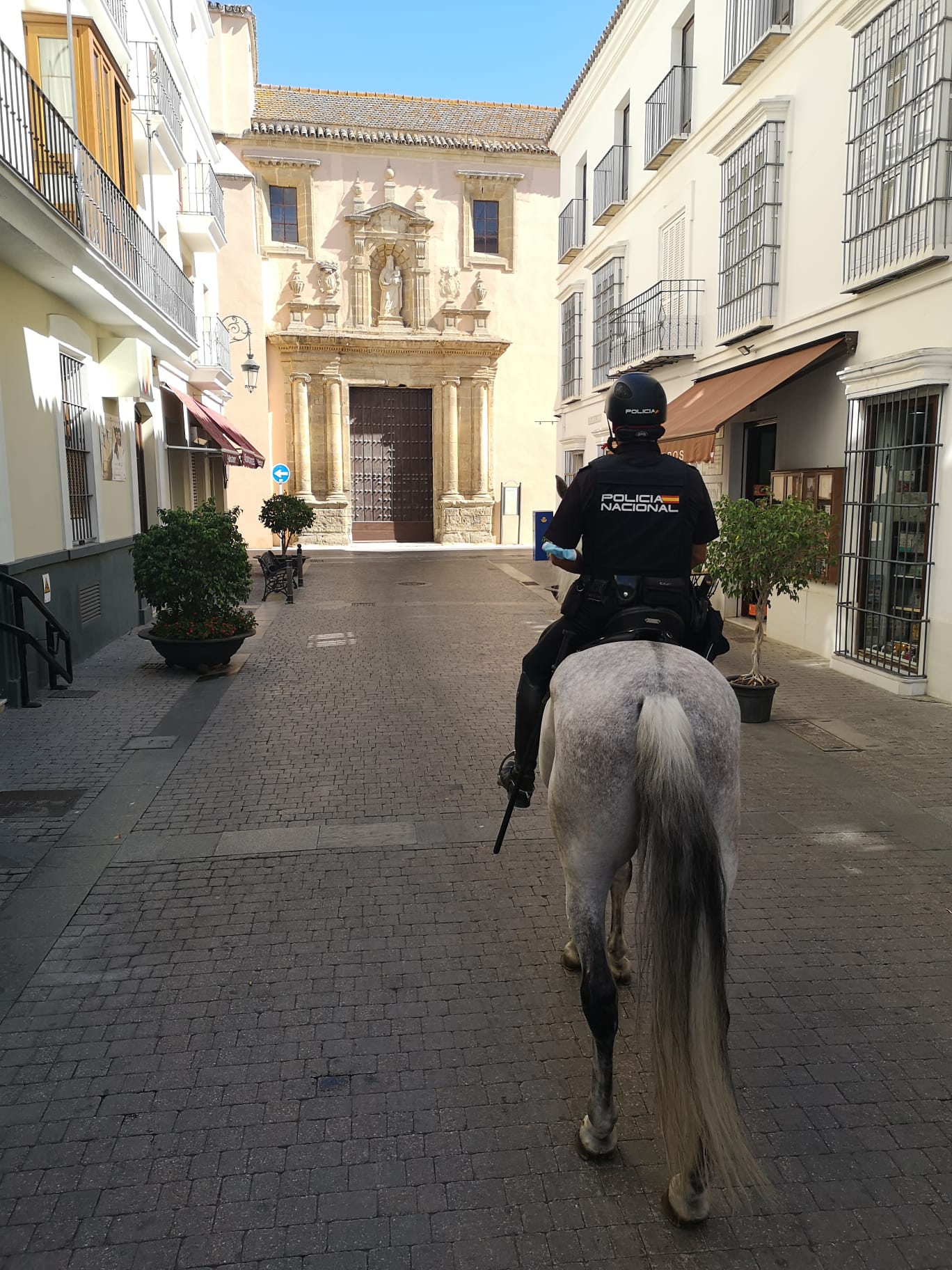 Un policía a caballo patrullando una calle empedrada