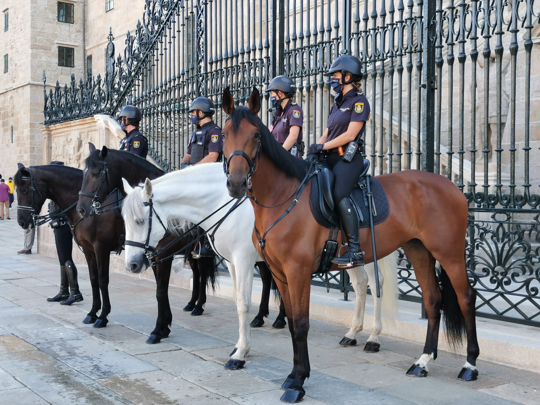 Cuatro Policías de la Unidad de Caballería montados en sus caballos, en la Plaza del Obradoiro