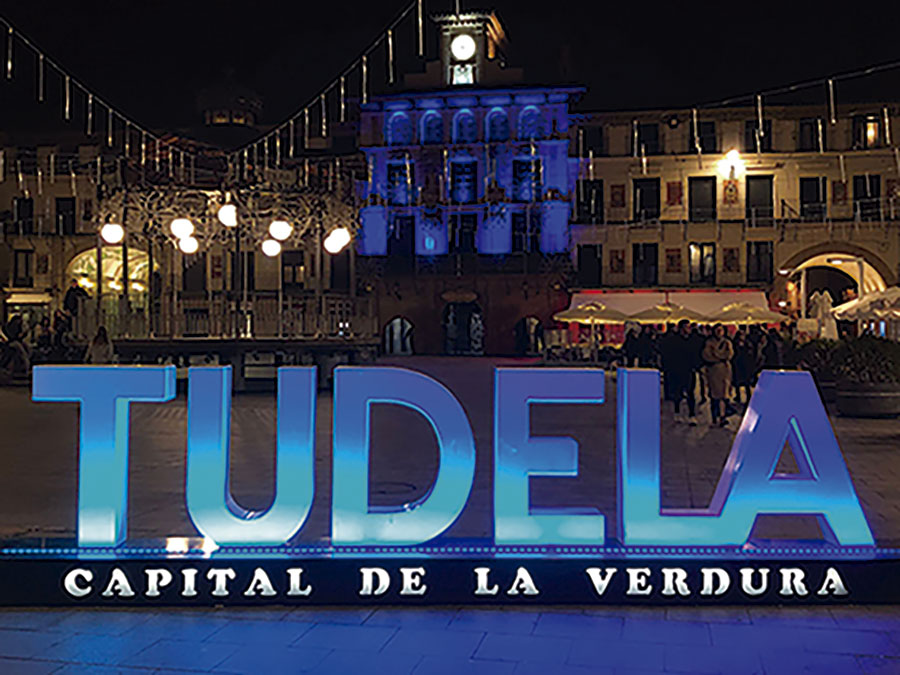Edificio de Tudela iluminado con el color azul de la Policía Nacional.