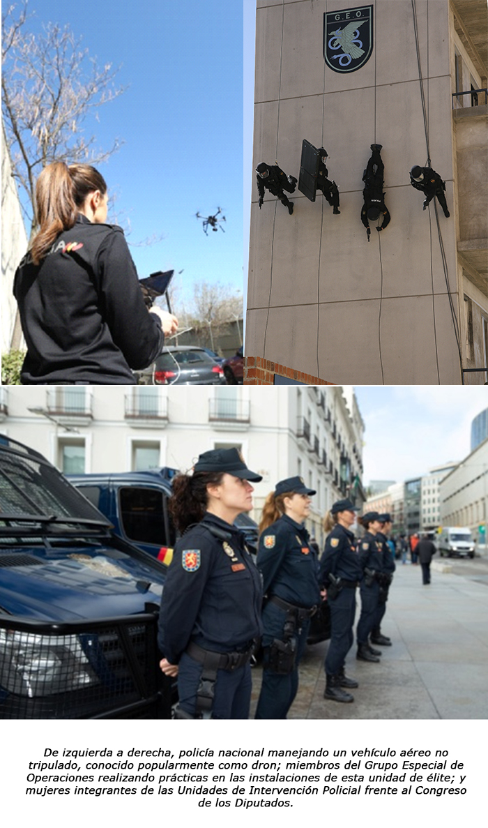 Policía nacional manejando un dron, GEO realizando prácticas, mujeres integrantes de las Unidades de Intervención Policial.