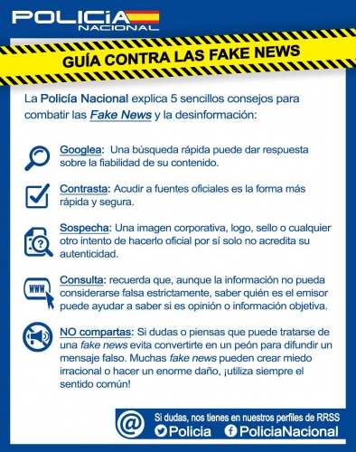 La Policía Nacional presenta la primera guía para evitar ser manipulados por las fake news. Resumen y Consejos. 