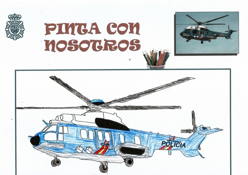 Dibujo de coloreado de un helicóptero de la Policía Nacional.