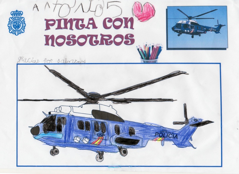 Dibujo coloreado de un helicóptero de la Policía Nacional.