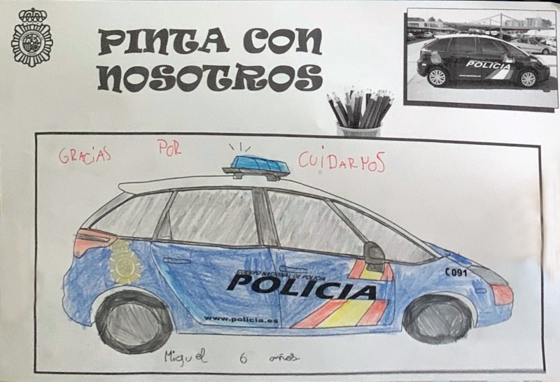 Dibujo coloreado de un radio patrulla de la Policía Nacional y la  frase escrita gracias por cuidarnos.