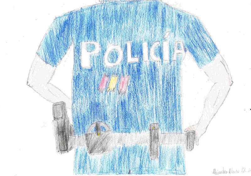 Dibujo de un policía nacional de uniforme, visto por la espalda.