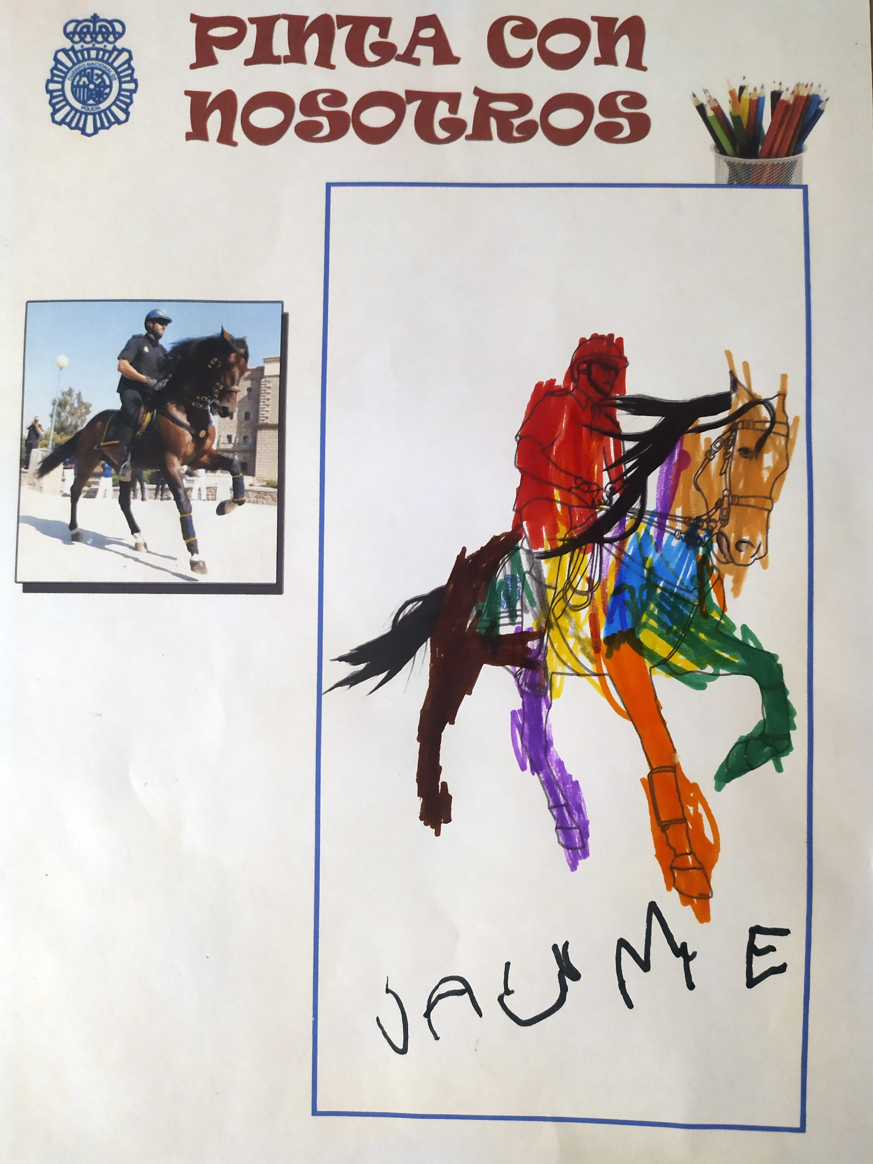 Dibujo de un policía nacional montado en su caballo. 