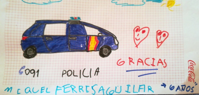 Dibujo de un coche de policía acompañado de dos corazones y la palabra gracias.