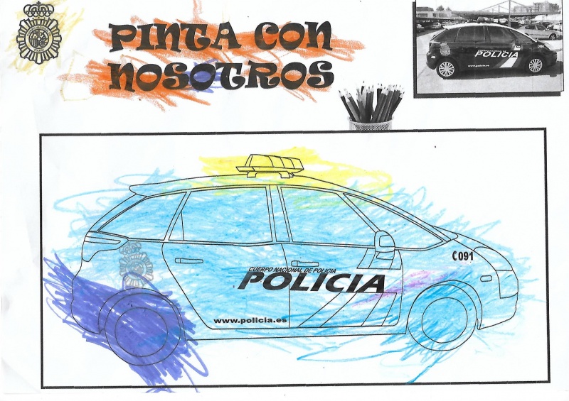 Dibujo coloreado de un coche radio patrulla de la Policía Nacional