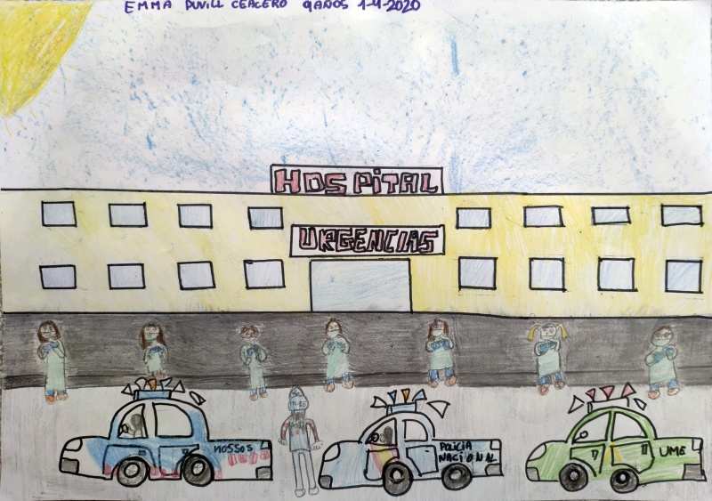 Dibujo de la puerta de un hospital donde se pueden ver a enfermeros y coches de policía pertenecientes a distintos cuerpos.