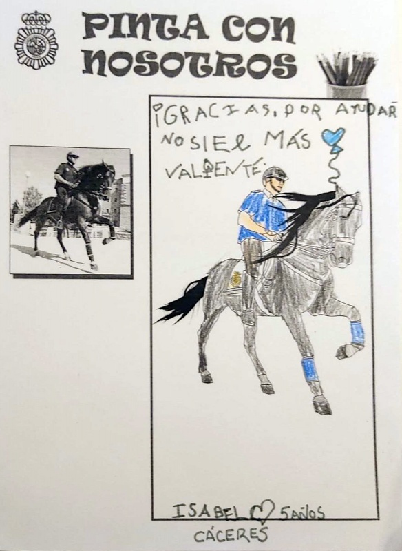 Dibujo coloreado de un policía nacional montado en su caballo, y la frase escrita gracias por ayudar.