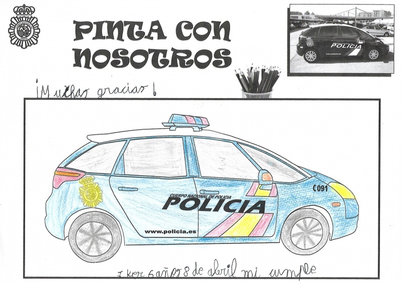 Dibujo coloreado de un coche radio patrulla de la Policía Nacional y la frase escrita, Muchas gracias.
