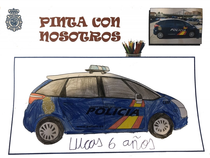 Dibujo coloreado de un coche radio patrulla de la Policía Nacional 