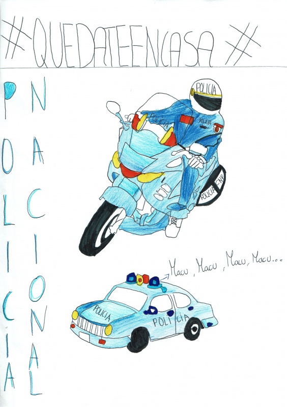 Dibujo de una moto y de un coche de policía acompañado de la frase quédate en casa