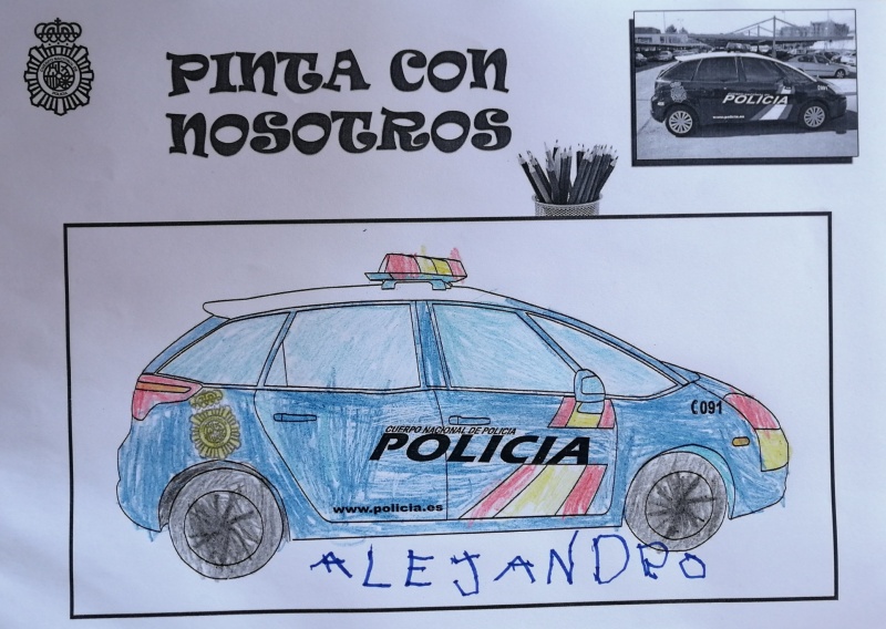 Dibujo coloreado de un coche patrulla de la Policía Nacional