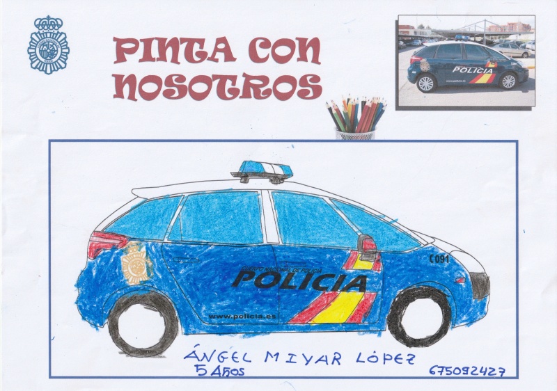 Dibujo coloreado de un coche radio patrulla dela Policía Nacional.