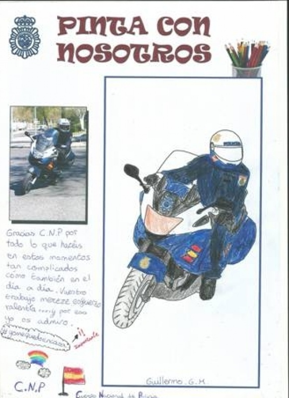 Dibujo coloreado de un policía montado en una motocicleta, acompañado de una pequeña carta en la cual nos da las gracias por nuestro trabajo.