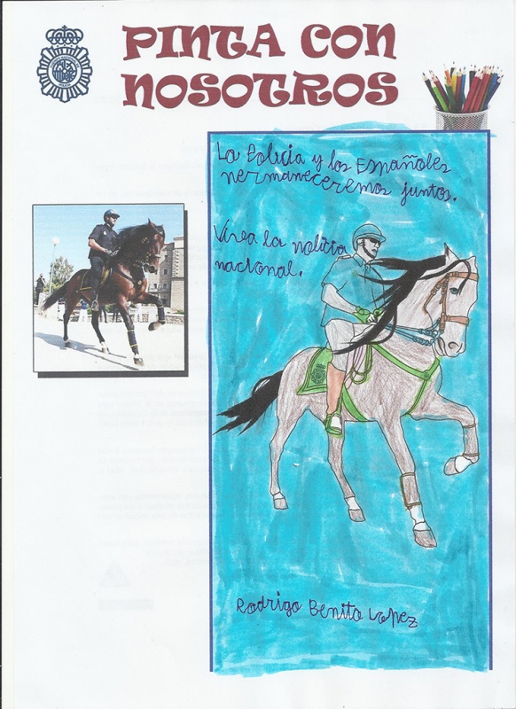 Dibujo coloreado de un policía nacional montado en un caballo, acompañado de un texto en el que se puede leer, Viva la Policía Nacional.