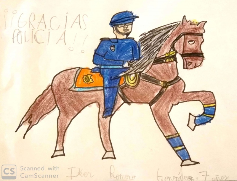 Dibujo de un policía montado a caballo y unas frase en la que se puede leer, gracias policía.