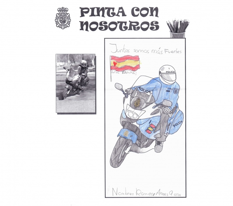 Dibujo coloreado de un policía nacional montado en una motocicleta y una frase escrita en la que se puede leer, Juntos somos más fuertes.