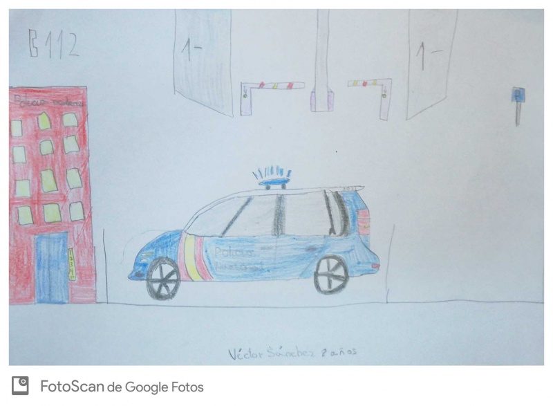 Dibujo en el que se puede ver un coche de la policía con los dispositivos de luces y sirena encendidos