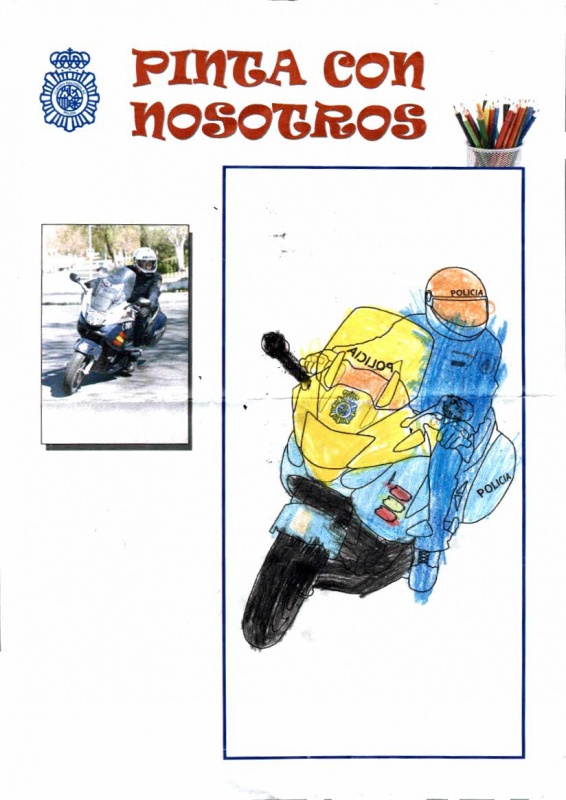Dibujo coloreado de un policía nacional montado en una motocicleta