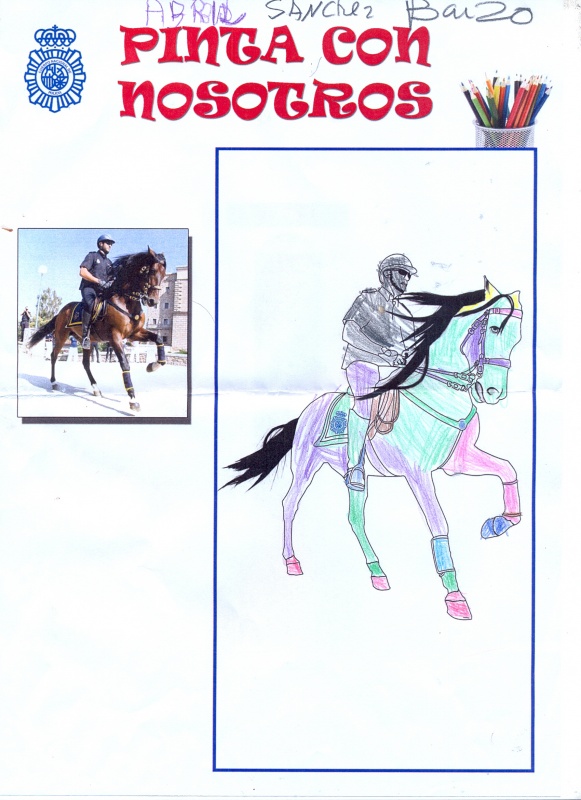 Dibujo coloreado de un Policía Nacional montado en un caballo.
