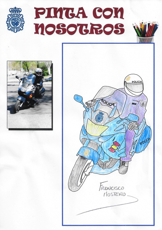 Dibujo coloreado de un policía nacional montado en su moto.