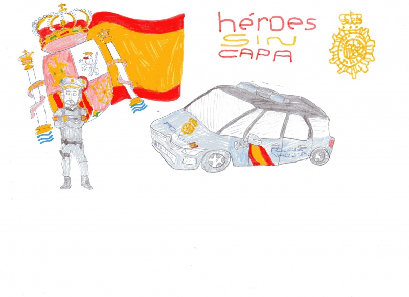 Dibujo en el que se puede ver a un policía junto a un coche radio patrulla y el escudo y la bandera de España con la frase héroes sin capa.