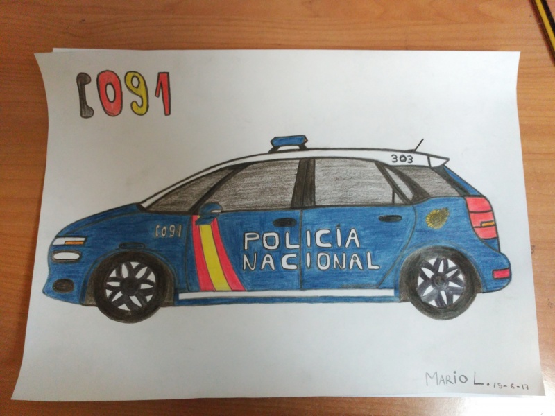 Dibujo coloreado de un coche radio patrulla de la Policía Nacional
