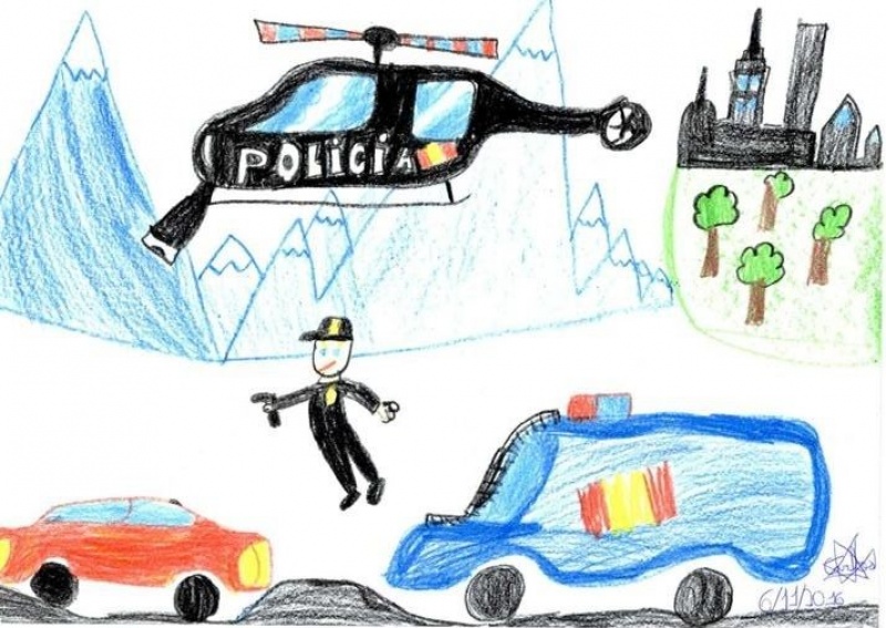 Dibujo en el que se puede ver un helicóptero, un policía y un vehículo policial.