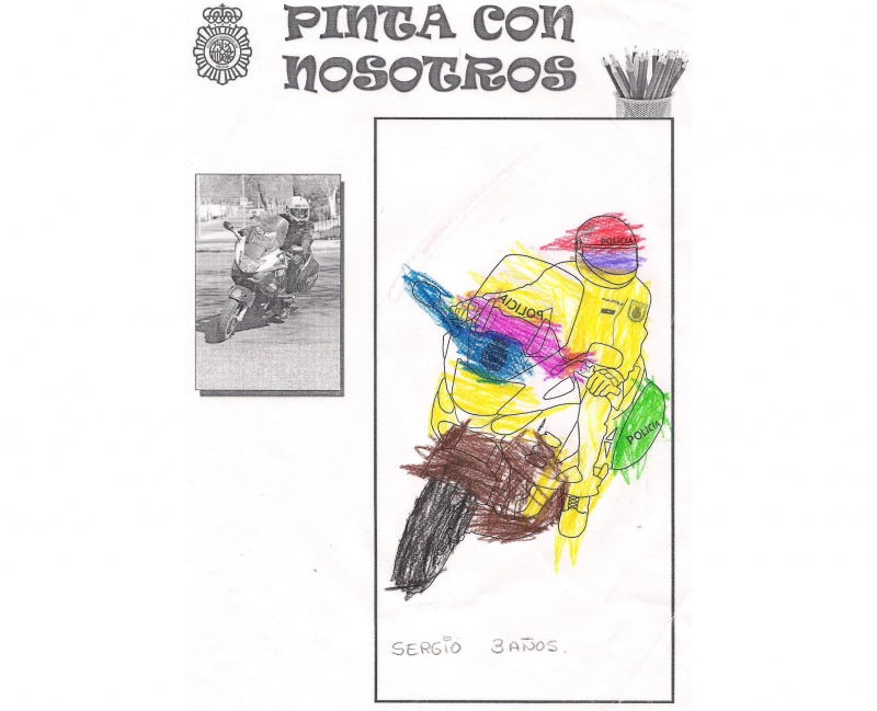 Dibujo coloreado de un policía nacional montado en una motocicleta.