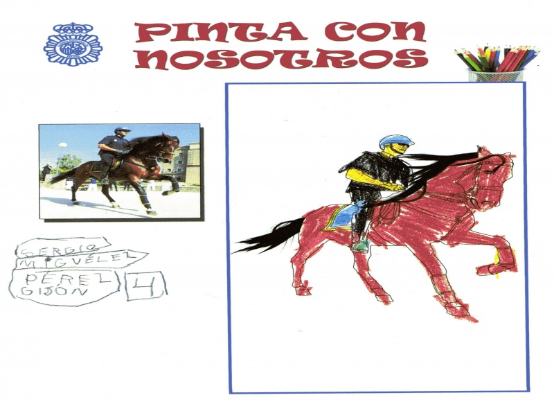 Dibujo coloreado de un policía nacional montado en un caballo