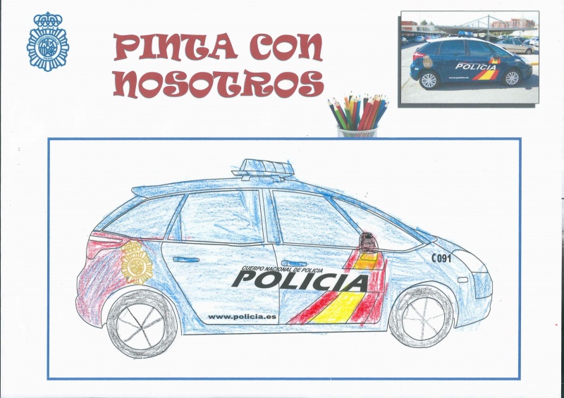 Dibujo coloreado de un coche patrulla de la Policía Nacional.