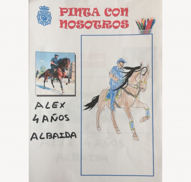 Dibujo coloreado de un policía nacional montado a caballo