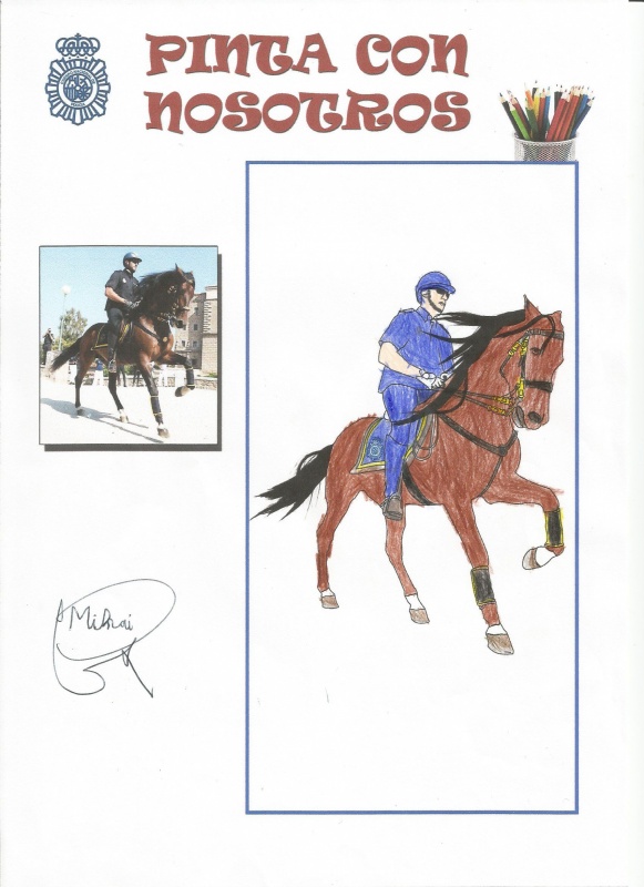 Dibujo coloreado un policía nacional montado en un caballo
