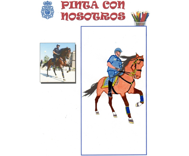 Dibujo coloreado de un policía nacional montado en un caballo.