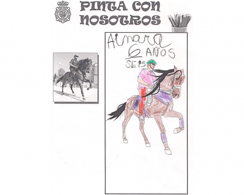 Dibujo coloreado de un policía nacional montado en un caballo.
