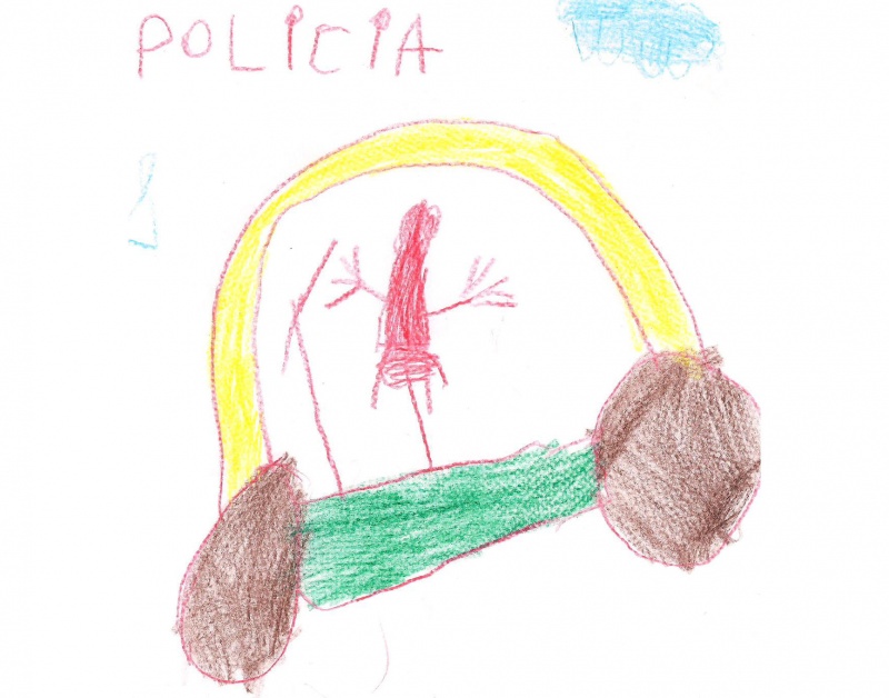 Dibujo en el cual se puede puede ver un vehículo con una persona dentro encabezado con la palabra POLICÍA.