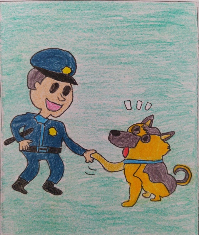 Dibujo de un policía sonriente saludando a un perro con la mano