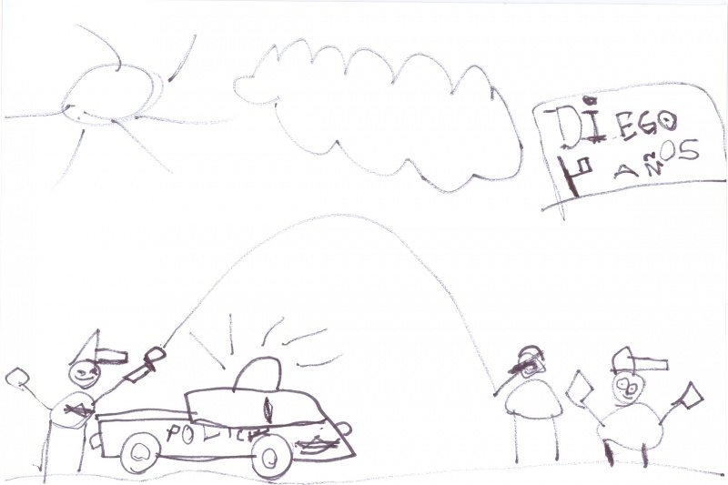 Dibujo en el que se puede ver a un policía junto a vehículo policial acompañado de dos ciudadanos.