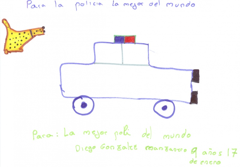 Dibujo de un vehículo policial acompañado de la frase La mejor poli del mundo.