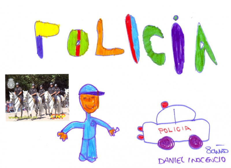 Dibujo en el que puede observar a un policía junto con un vehículo de la policía.